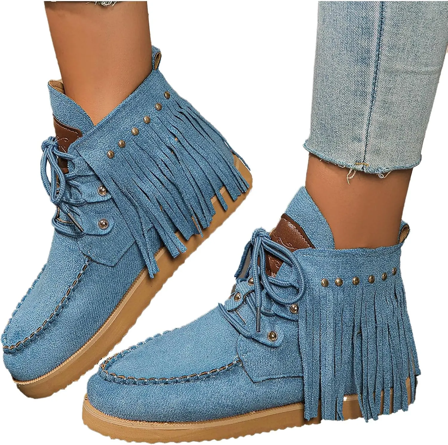 Sinzelimin Women Cowboy Boots Trendy Flock Tassels Lace up Ankle Boot Comfy Platform Walking Shoes, Fall Boots for Women 2024