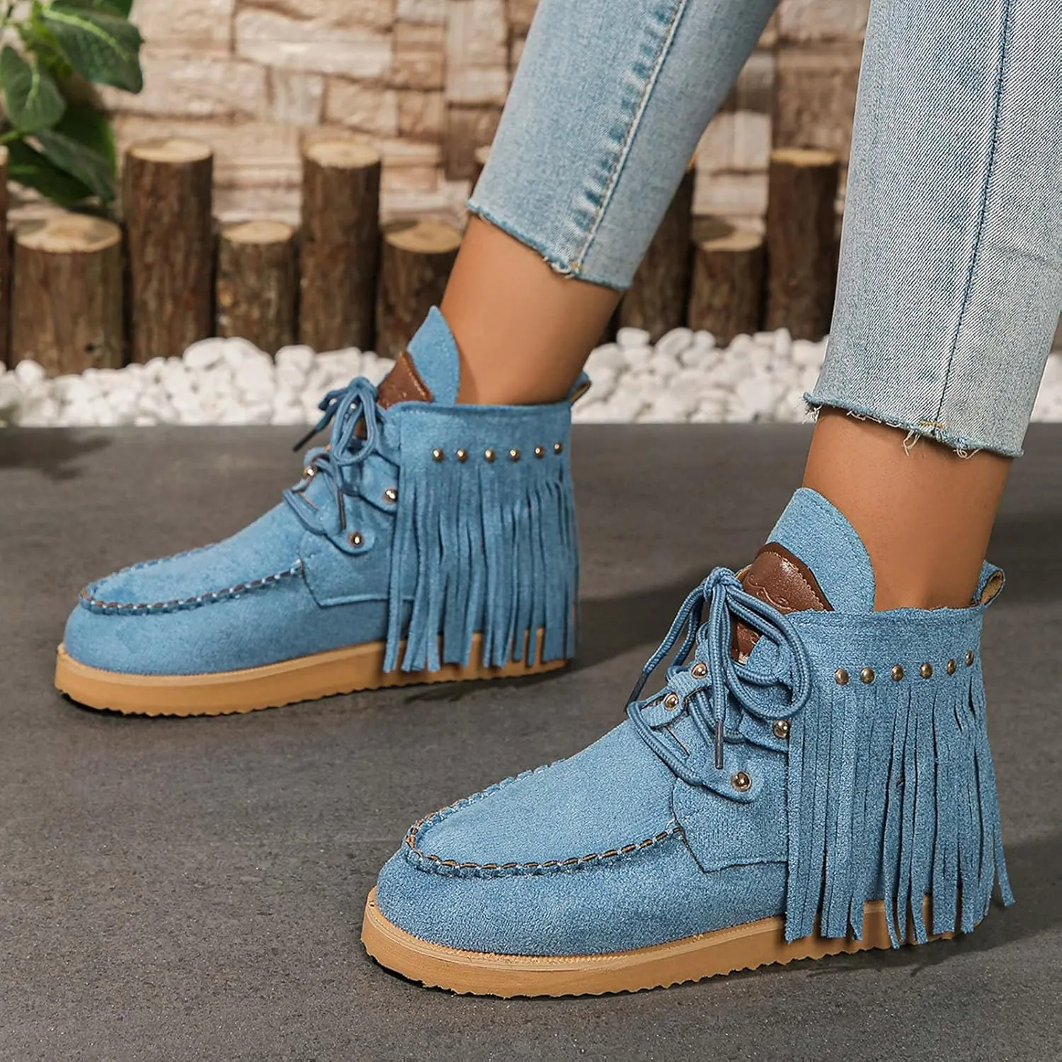 Sinzelimin Women Cowboy Boots Trendy Flock Tassels Lace up Ankle Boot Comfy Platform Walking Shoes, Fall Boots for Women 2024