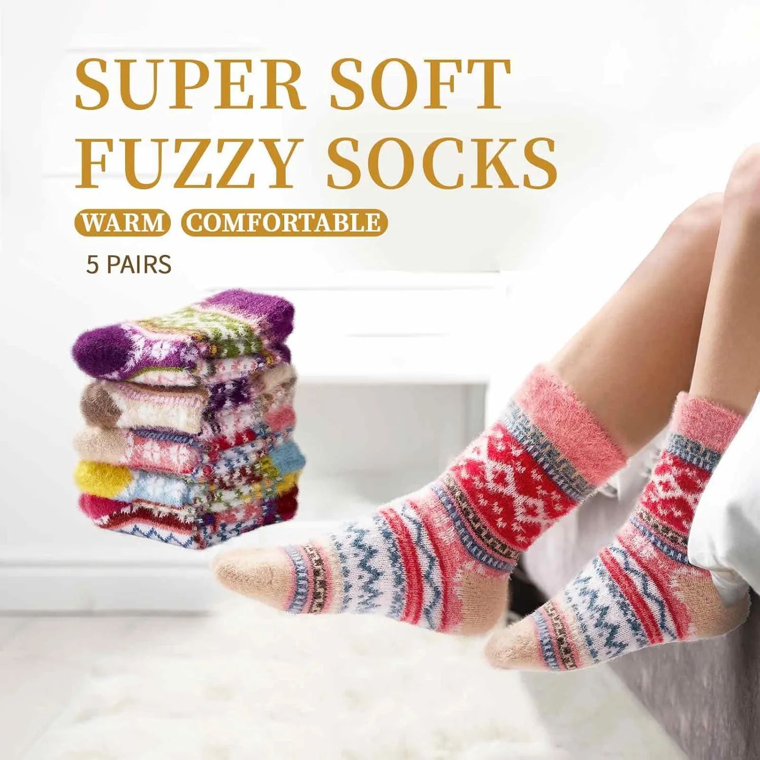 SISOSOCK 5 Pairs Fuzzy Soft Cozy Comfortable Socks for Women, Casual Sleep Comfy Socks, Perfect Warm Winter Gifts for Women