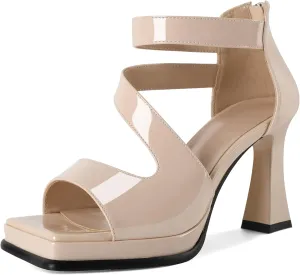 Soireelady Womens Platform Chunky Heel Sandals, Square Open Toe Block High Heels, Ankle Strappy Heeled Sandals Wedding Prom Dress Shoes 3.5 Inch