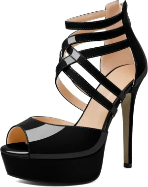 Soireelady Womens Platform Heels Ankle Strap High Heel Sandals Peep Toe Strappy Stiletto Heels Sexy Stripper Heeled Sandals 6 Inches