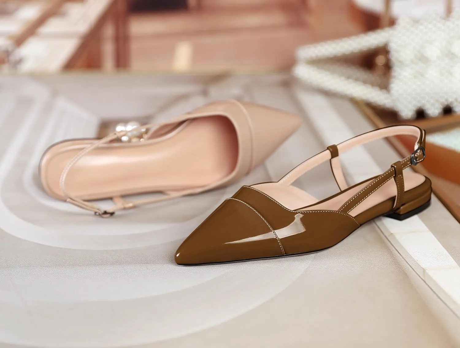 Soireelady Women's Pointed Toe Slingback Flats Ankle Strap Cap Toe Flats Leisure Walking Travel Office Ballet Flat Shoes