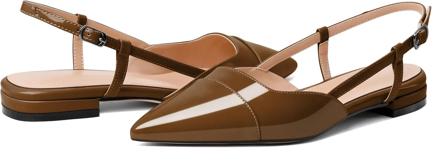 Soireelady Women's Pointed Toe Slingback Flats Ankle Strap Cap Toe Flats Leisure Walking Travel Office Ballet Flat Shoes
