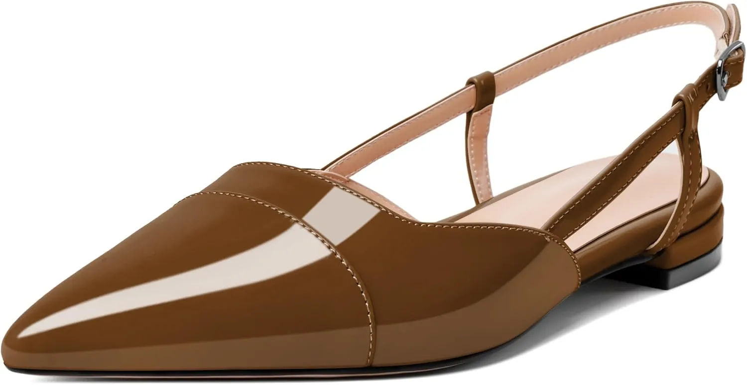 Soireelady Women's Pointed Toe Slingback Flats Ankle Strap Cap Toe Flats Leisure Walking Travel Office Ballet Flat Shoes