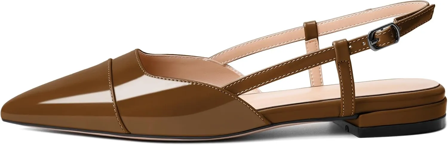 Soireelady Women's Pointed Toe Slingback Flats Ankle Strap Cap Toe Flats Leisure Walking Travel Office Ballet Flat Shoes