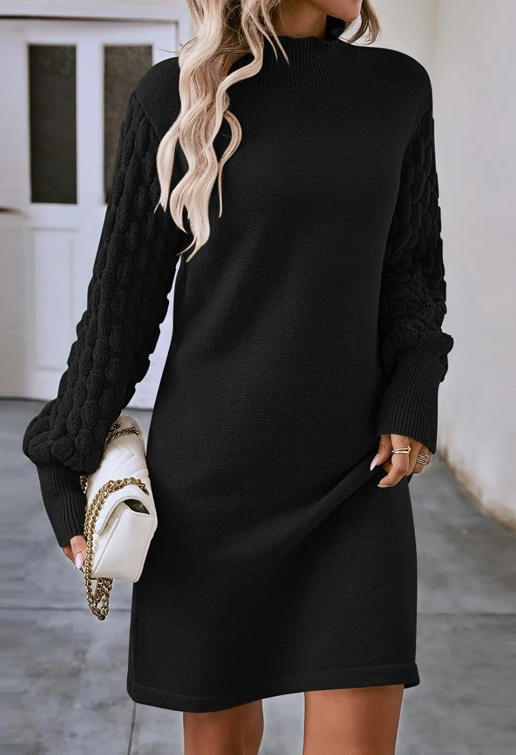 Sovoyontee Women's 2024 Fall Long Sleeve Mock Neck Sweater Dress Casual Loose Ribbed Knit Mini Short Pullover Dresses
