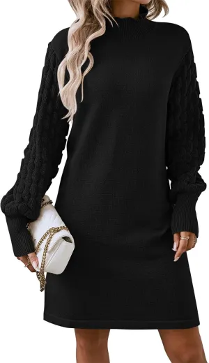 Sovoyontee Women's 2024 Fall Long Sleeve Mock Neck Sweater Dress Casual Loose Ribbed Knit Mini Short Pullover Dresses