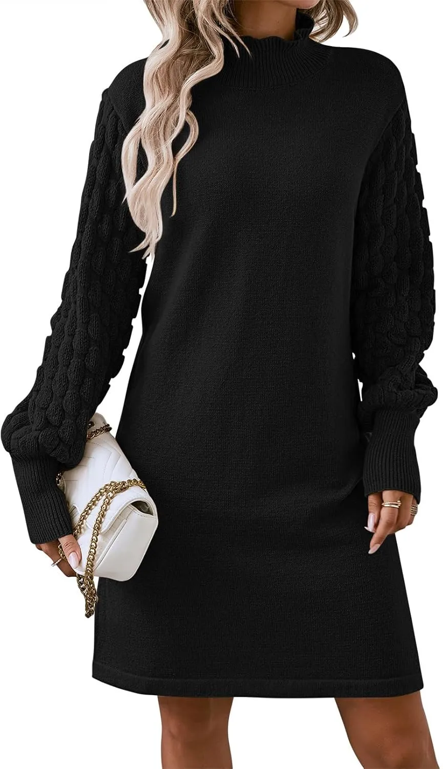 Sovoyontee Women's 2024 Fall Long Sleeve Mock Neck Sweater Dress Casual Loose Ribbed Knit Mini Short Pullover Dresses