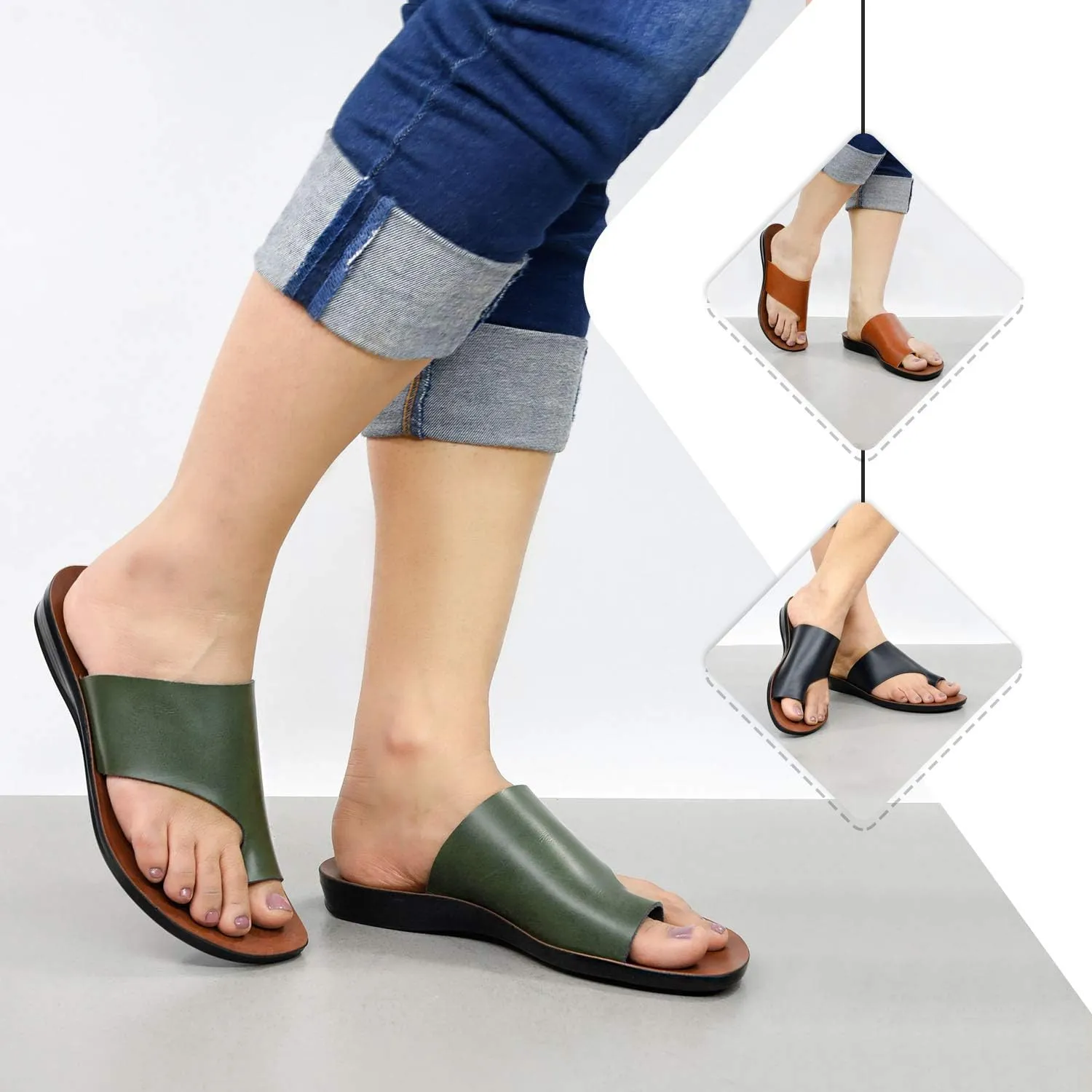 Split Toe Strap Man-Made Leather Ladies Cute Slides Outdoor Travel Dressy Flats Comfortable Walking Casual Summer Sandals for Women Fashion Footwear