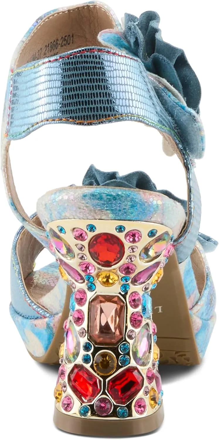 Spring Step L'Artiste Women's SMASHING Metallic Leather Sandals - Opulent Decorative Flowers, Sculpted Jewel Heel, Wearable Art Footwear