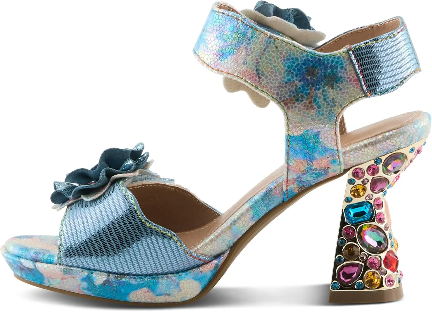 Spring Step L'Artiste Women's SMASHING Metallic Leather Sandals - Opulent Decorative Flowers, Sculpted Jewel Heel, Wearable Art Footwear