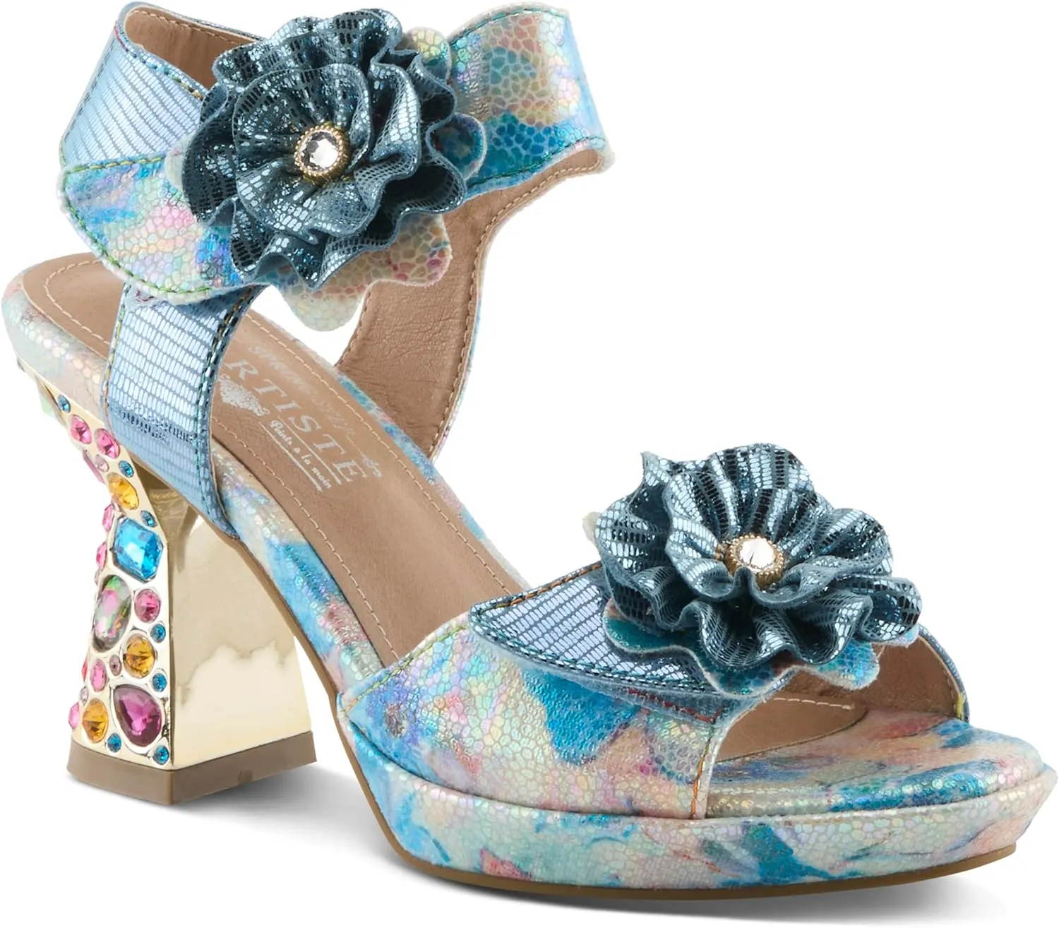 Spring Step L'Artiste Women's SMASHING Metallic Leather Sandals - Opulent Decorative Flowers, Sculpted Jewel Heel, Wearable Art Footwear