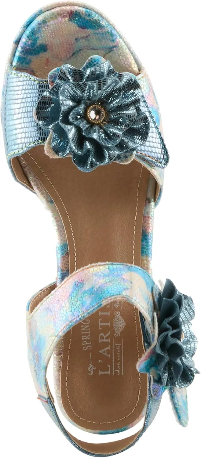 Spring Step L'Artiste Women's SMASHING Metallic Leather Sandals - Opulent Decorative Flowers, Sculpted Jewel Heel, Wearable Art Footwear