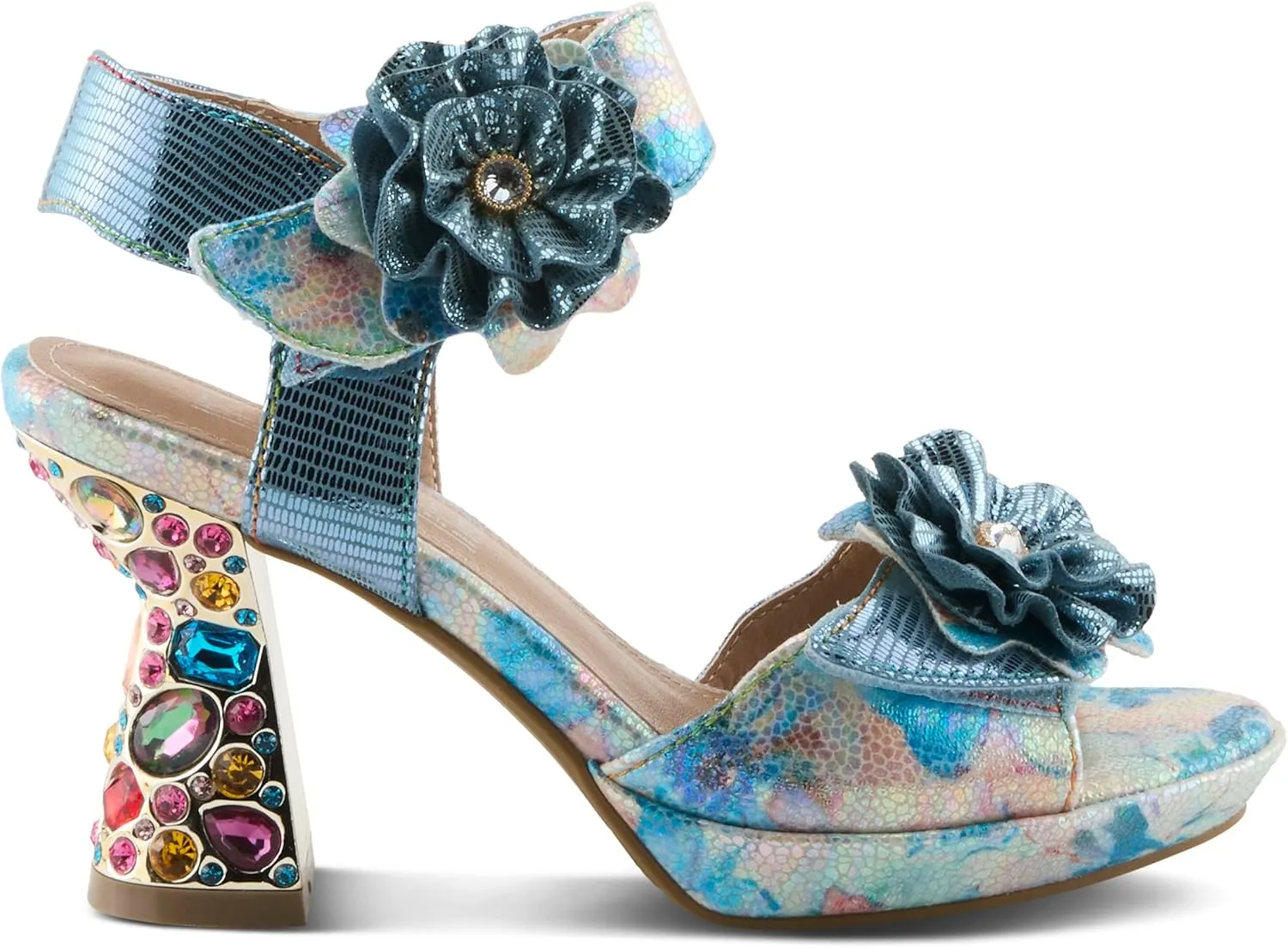 Spring Step L'Artiste Women's SMASHING Metallic Leather Sandals - Opulent Decorative Flowers, Sculpted Jewel Heel, Wearable Art Footwear
