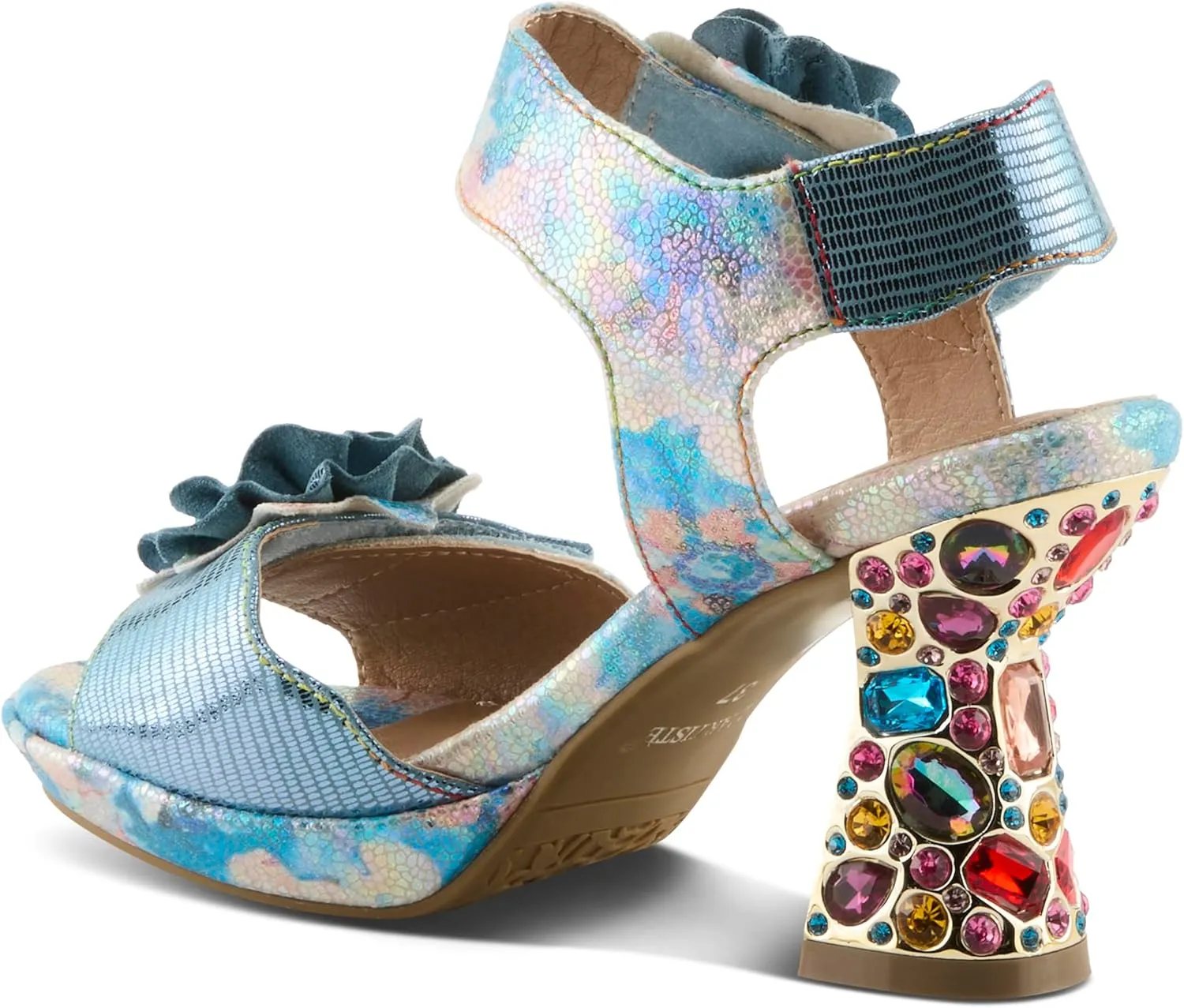 Spring Step L'Artiste Women's SMASHING Metallic Leather Sandals - Opulent Decorative Flowers, Sculpted Jewel Heel, Wearable Art Footwear