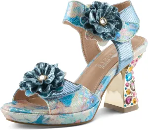 Spring Step L'Artiste Women's SMASHING Metallic Leather Sandals - Opulent Decorative Flowers, Sculpted Jewel Heel, Wearable Art Footwear