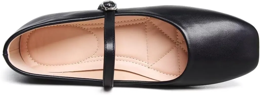 Stunner Mary Jane Square Toe Black Ballet Flats for Women - Comfortable Ankle Strap Casual Slip On Flats