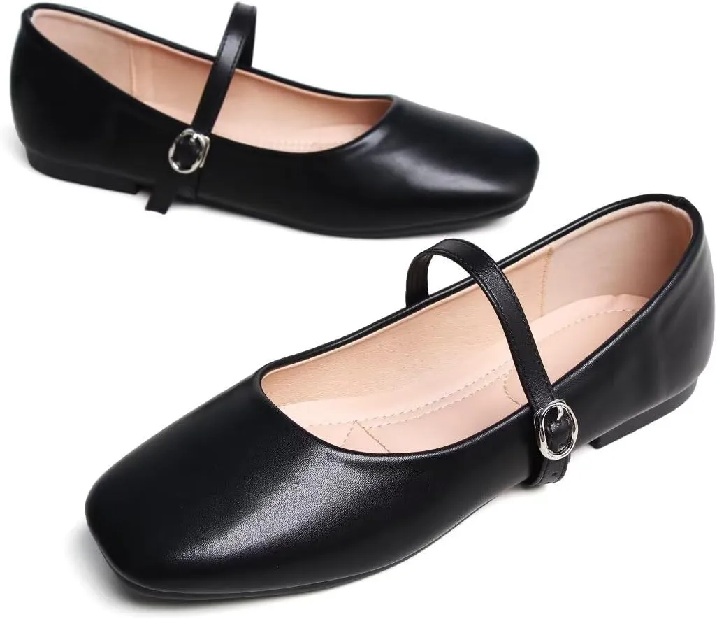 Stunner Mary Jane Square Toe Black Ballet Flats for Women - Comfortable Ankle Strap Casual Slip On Flats