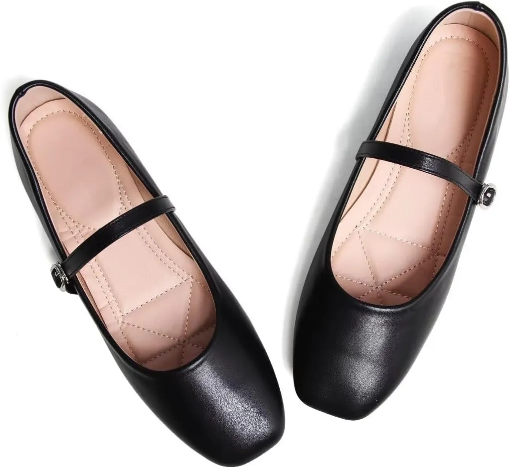Stunner Mary Jane Square Toe Black Ballet Flats for Women - Comfortable Ankle Strap Casual Slip On Flats