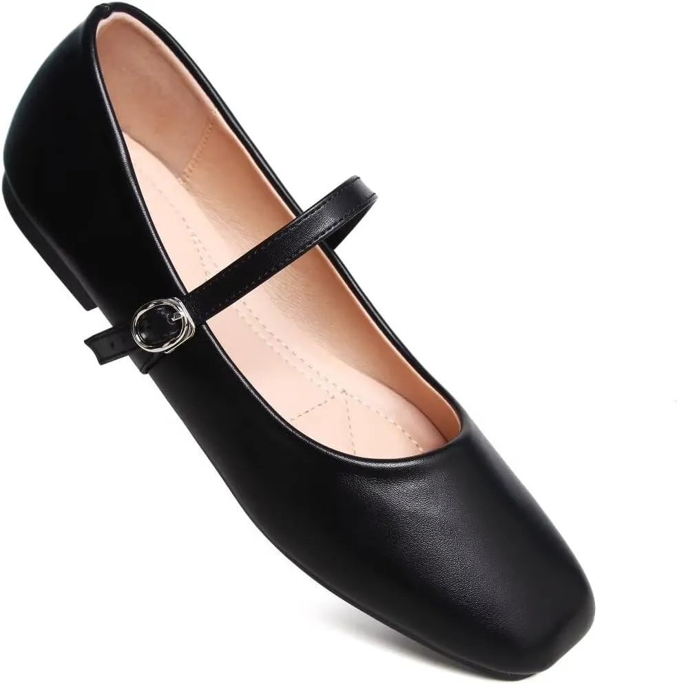 Stunner Mary Jane Square Toe Black Ballet Flats for Women - Comfortable Ankle Strap Casual Slip On Flats