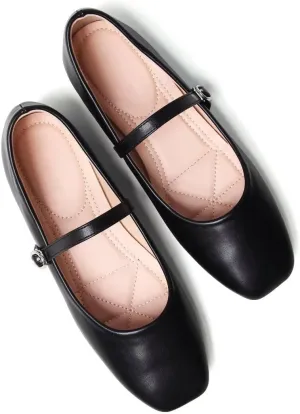 Stunner Mary Jane Square Toe Black Ballet Flats for Women - Comfortable Ankle Strap Casual Slip On Flats