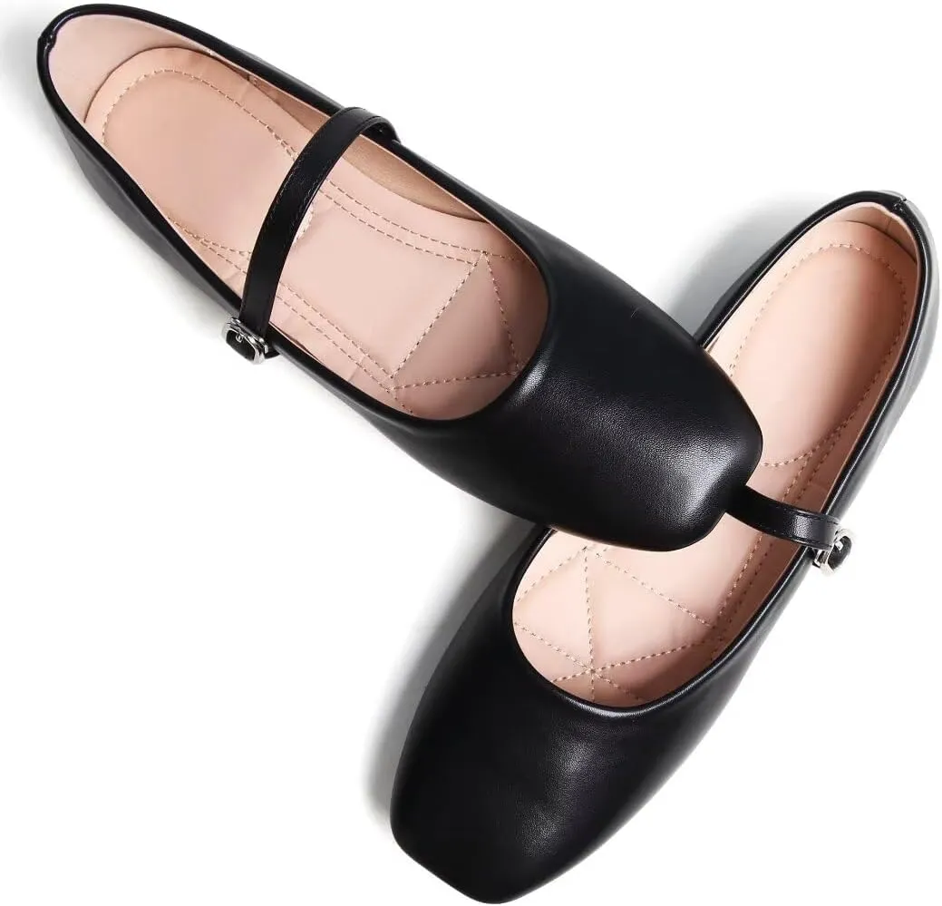 Stunner Mary Jane Square Toe Black Ballet Flats for Women - Comfortable Ankle Strap Casual Slip On Flats