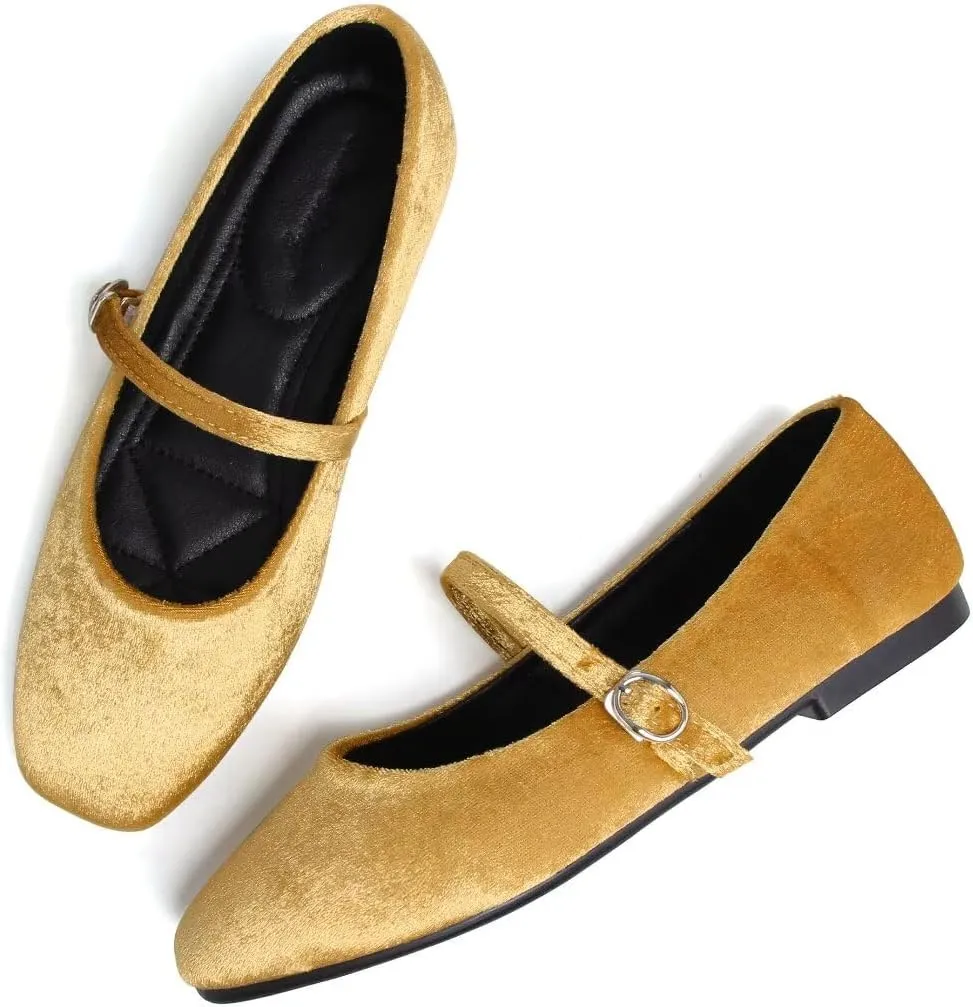 Stunner Mary Jane Square Toe Black Ballet Flats for Women - Comfortable Ankle Strap Casual Slip On Flats