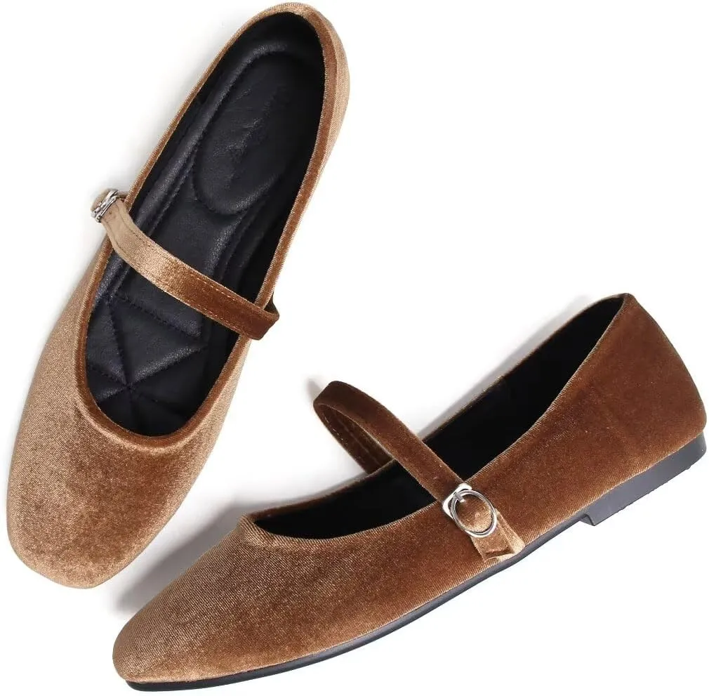 Stunner Mary Jane Square Toe Black Ballet Flats for Women - Comfortable Ankle Strap Casual Slip On Flats
