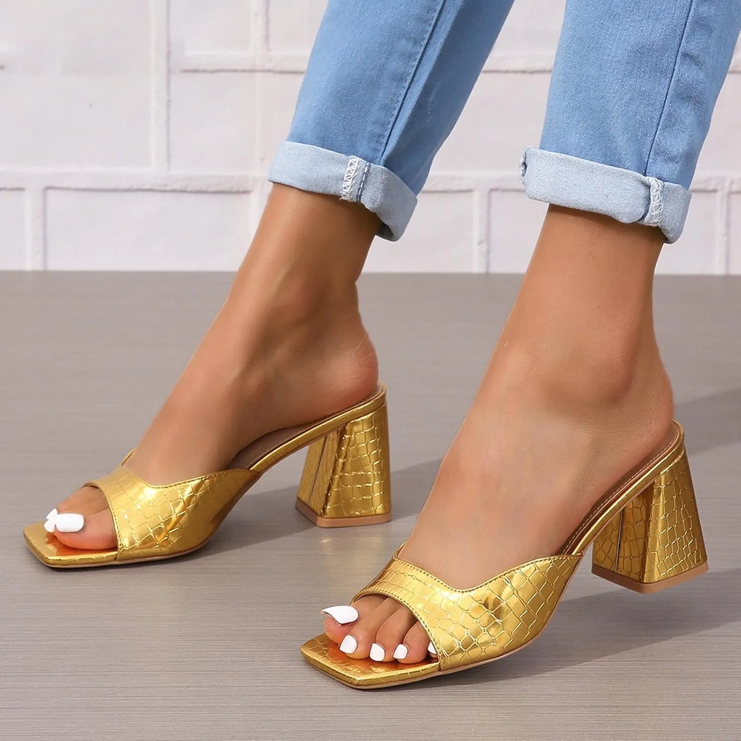 SuanlaTDS Chunky Block Heel Summer Sandals for Women Dressy 2025 Square Open Toe Slip-on Slide Slippers High Heels Dress Shoes Comfortable Casual Heeled Sanddal Mules Backless Pumps