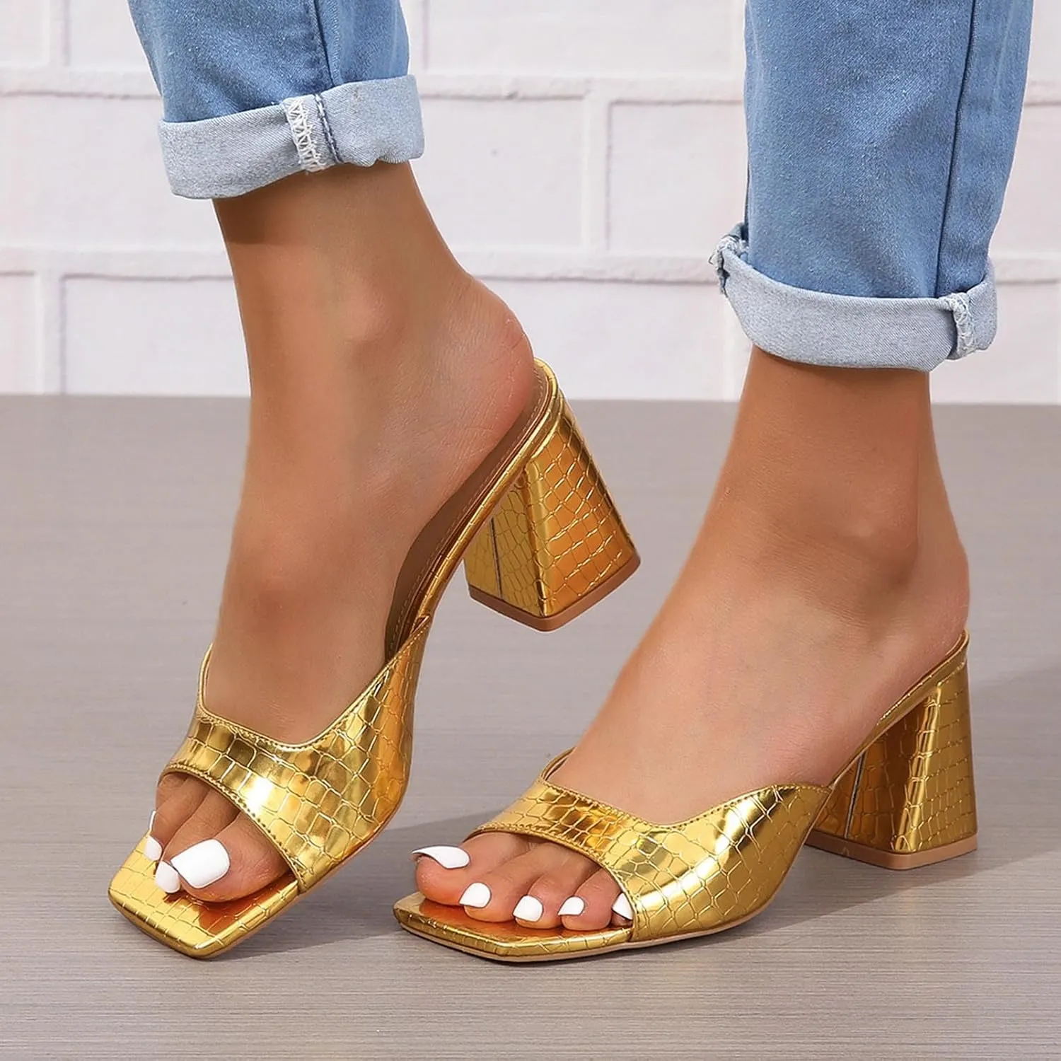 SuanlaTDS Chunky Block Heel Summer Sandals for Women Dressy 2025 Square Open Toe Slip-on Slide Slippers High Heels Dress Shoes Comfortable Casual Heeled Sanddal Mules Backless Pumps
