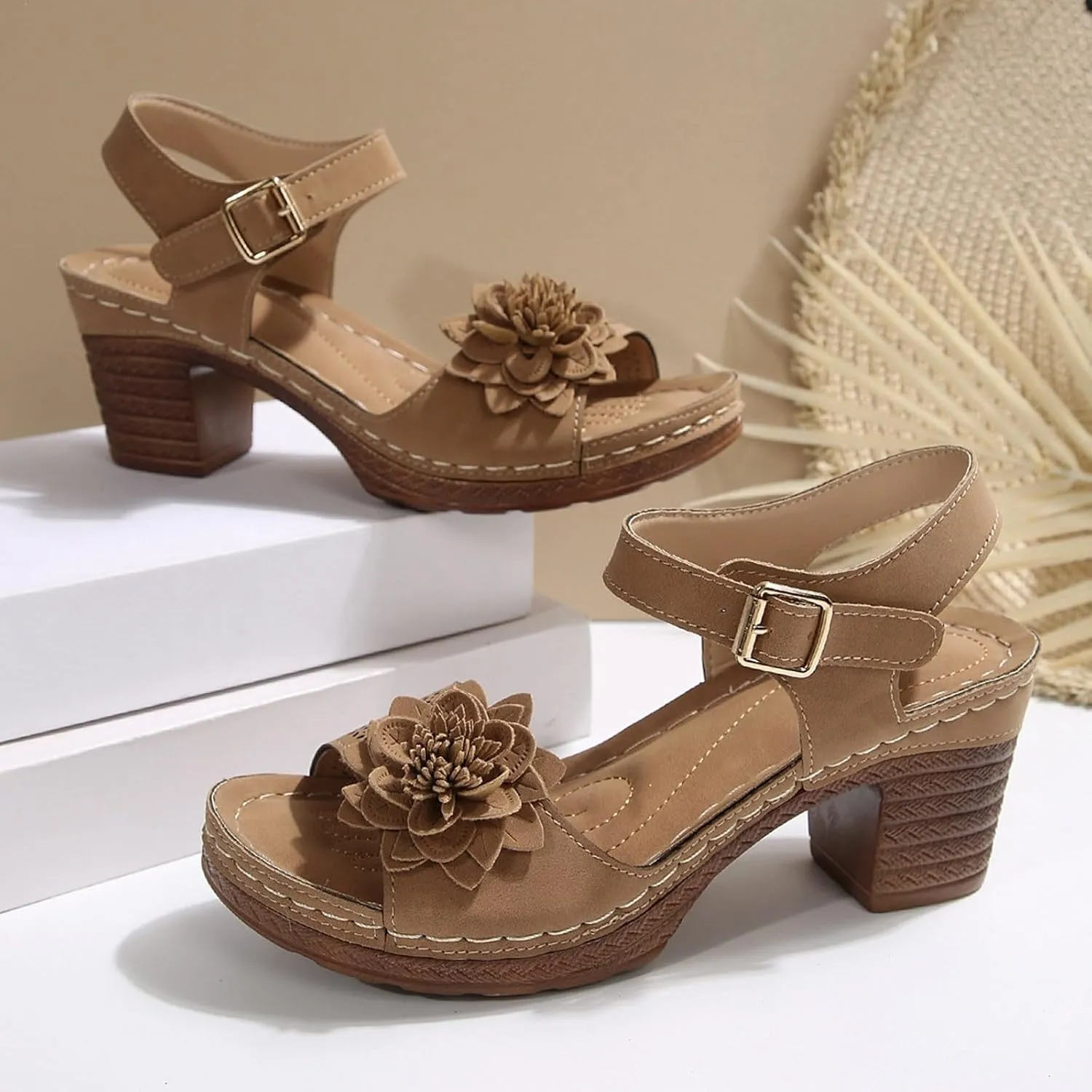 SuanlaTDS Chunky Block Heels Sandals for Women Summer 2025 Flower Open Toe Buckle Ankle Strap Platform Arch Support Comfortable Outdoor Walking Shoes Low Heeled Sandal for Daily Wear
