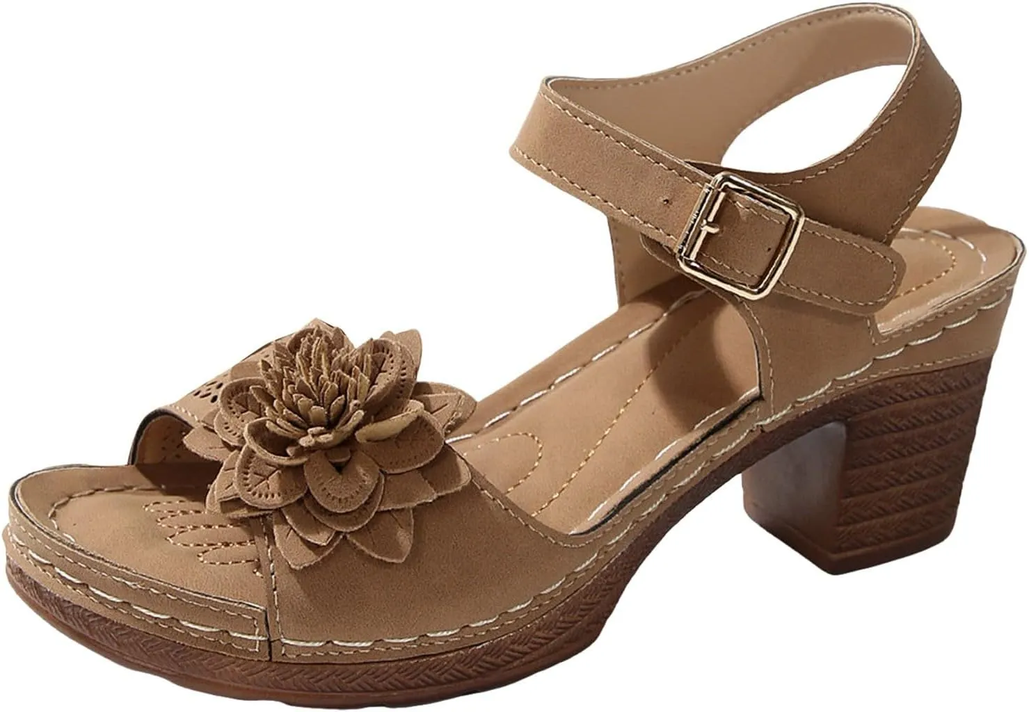 SuanlaTDS Chunky Block Heels Sandals for Women Summer 2025 Flower Open Toe Buckle Ankle Strap Platform Arch Support Comfortable Outdoor Walking Shoes Low Heeled Sandal for Daily Wear