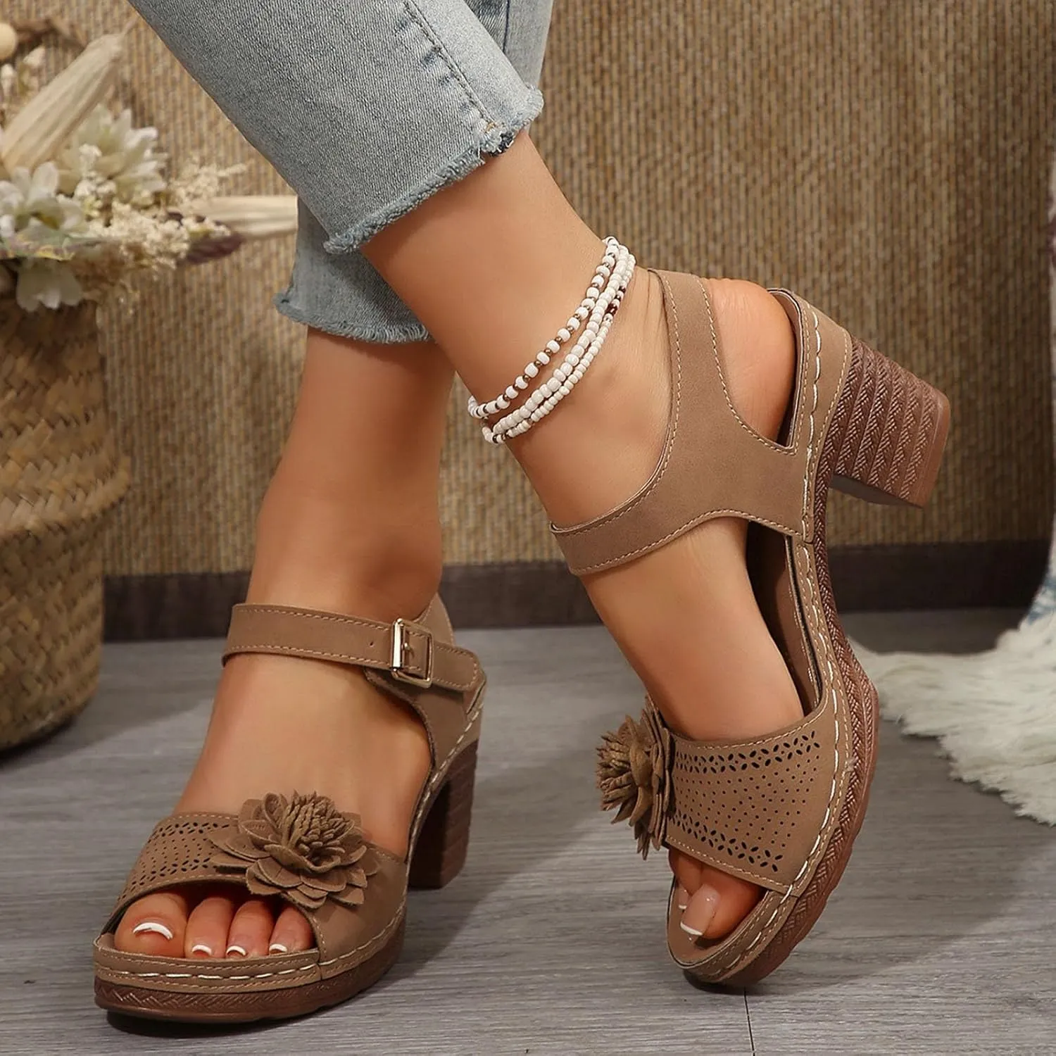 SuanlaTDS Chunky Block Heels Sandals for Women Summer 2025 Flower Open Toe Buckle Ankle Strap Platform Arch Support Comfortable Outdoor Walking Shoes Low Heeled Sandal for Daily Wear