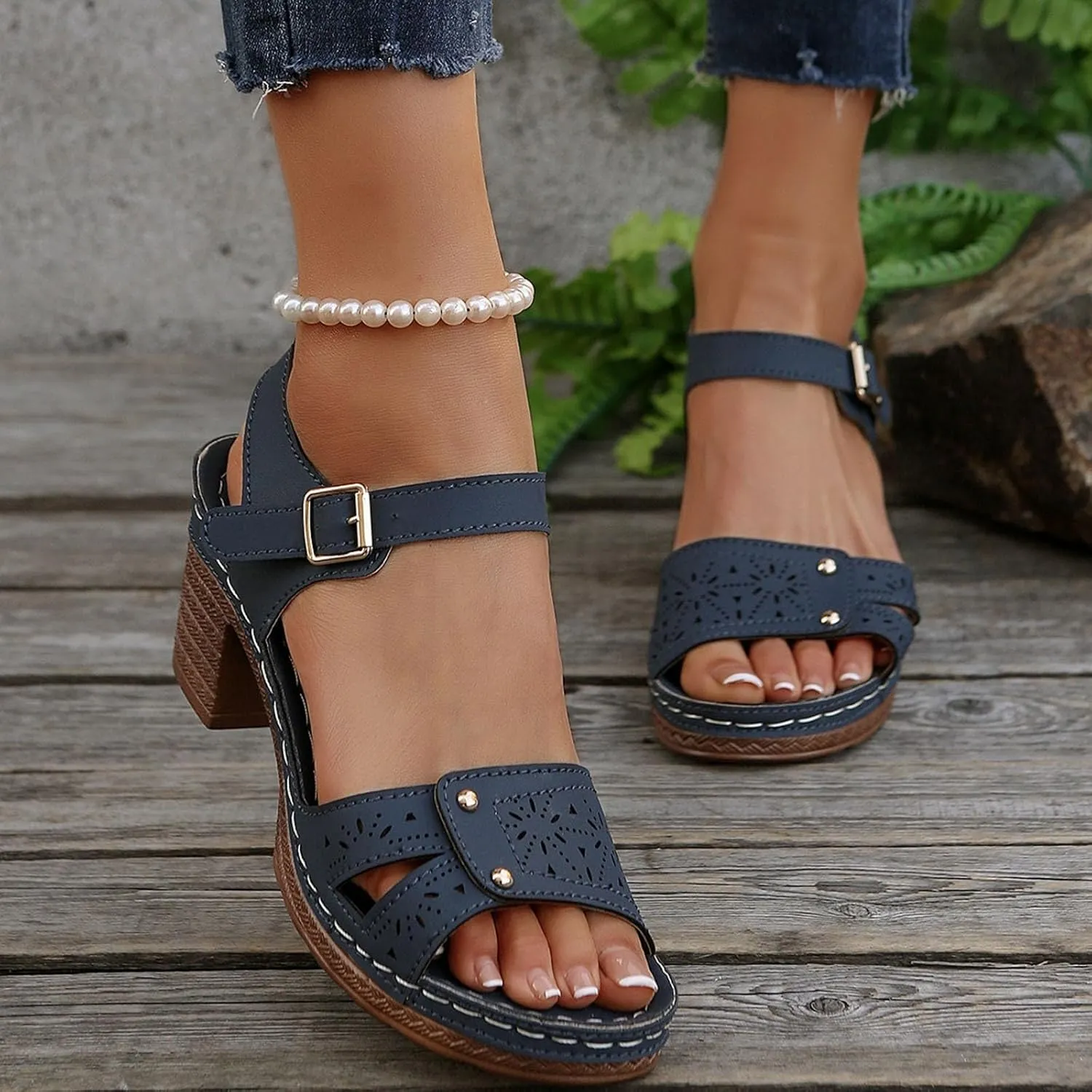 SuanlaTDS Chunky Heels Sandals for Women 2025 Comfortable Arch Support Platform Open Toe Buckle Ankle Strap Mid Block Heel Dressy Summer Wedding Party Daily Wear Work Outdoor Heeled Sandal