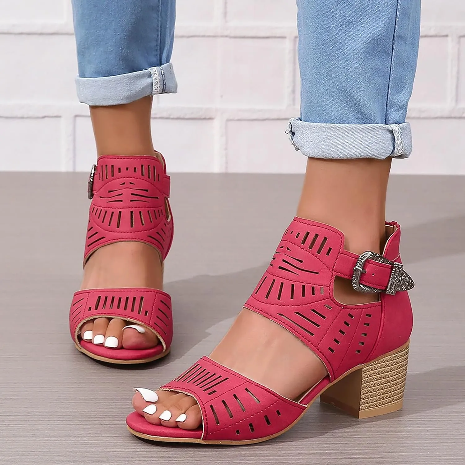 SuanlaTDS Chunky Heels Sandals for Women Cut Out Peep Toe Back Zipper Summer Beach Dressy Party 2025 Block High Heeled Buckle Ankle Strap Platform Daily Wear Outdoor Shoes Gladiator Sandal