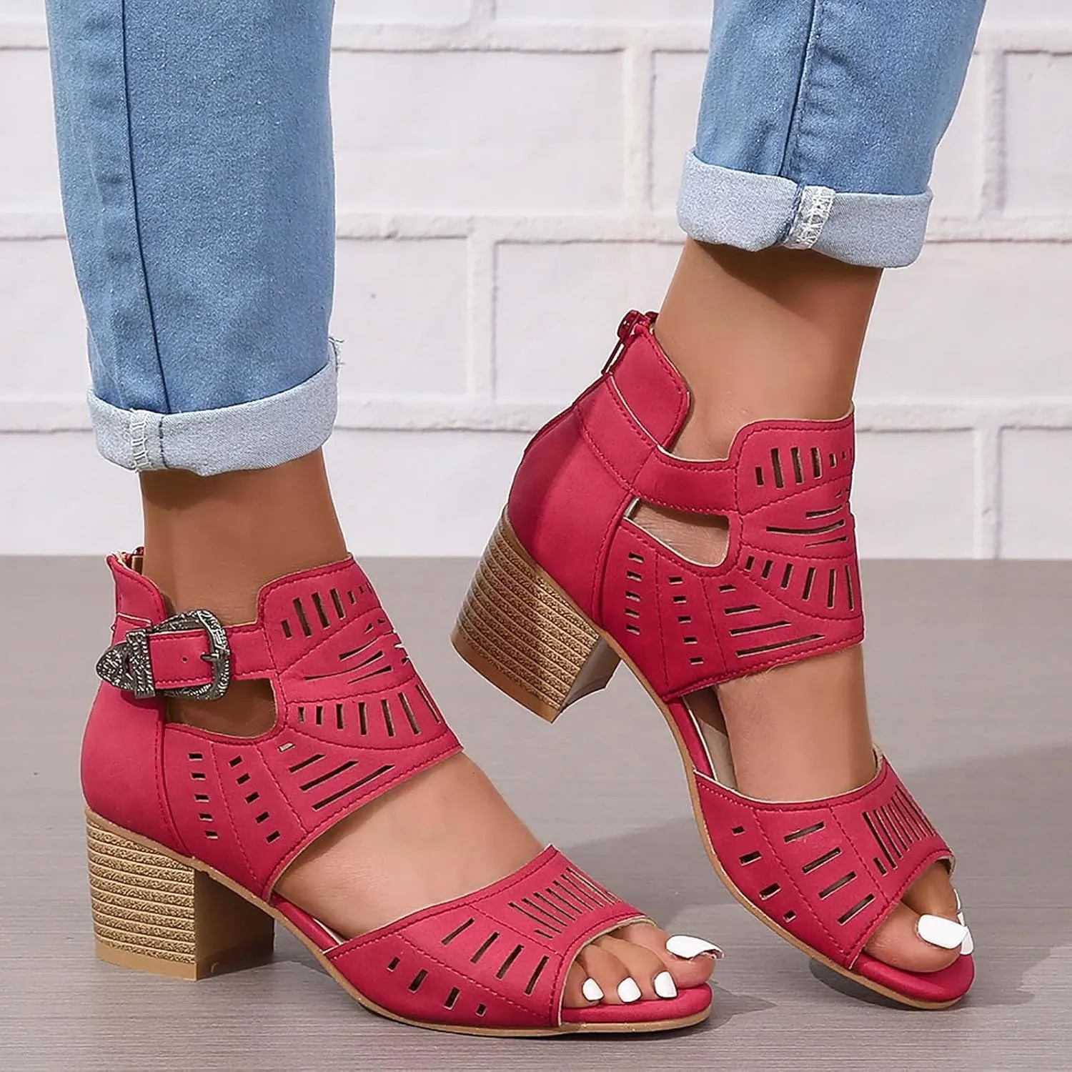 SuanlaTDS Chunky Heels Sandals for Women Cut Out Peep Toe Back Zipper Summer Beach Dressy Party 2025 Block High Heeled Buckle Ankle Strap Platform Daily Wear Outdoor Shoes Gladiator Sandal