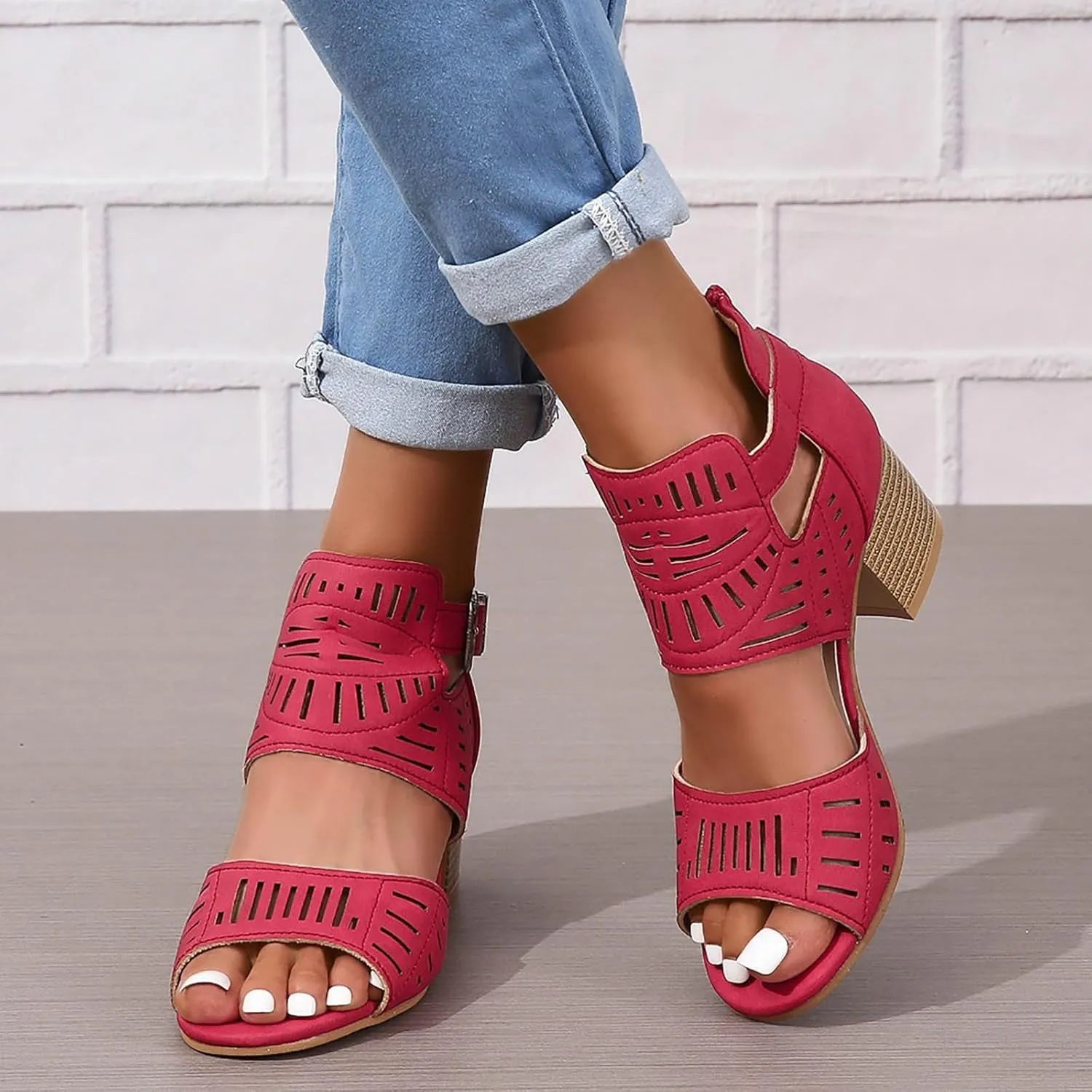 SuanlaTDS Chunky Heels Sandals for Women Cut Out Peep Toe Back Zipper Summer Beach Dressy Party 2025 Block High Heeled Buckle Ankle Strap Platform Daily Wear Outdoor Shoes Gladiator Sandal