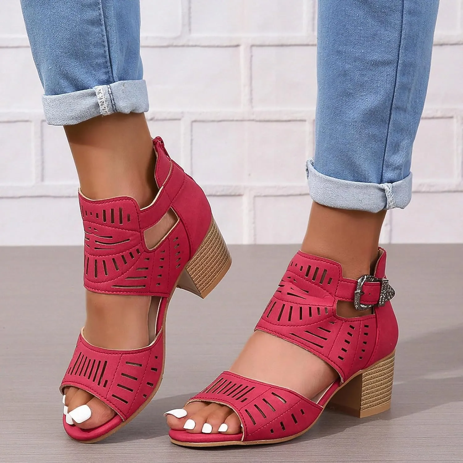 SuanlaTDS Chunky Heels Sandals for Women Cut Out Peep Toe Back Zipper Summer Beach Dressy Party 2025 Block High Heeled Buckle Ankle Strap Platform Daily Wear Outdoor Shoes Gladiator Sandal
