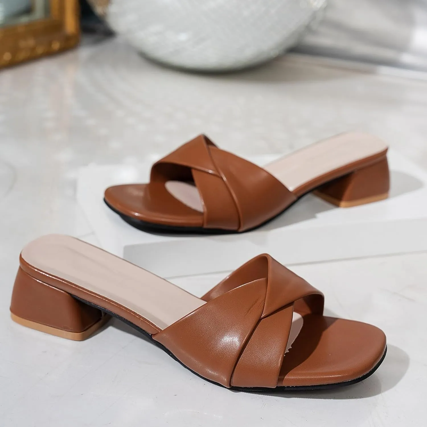 SuanlaTDS Chunky Heels Sandals for Women Dressy Summer 2025 Square Open Toe Slip-on Slides Slippers Sexy Low Block Heel Daily Wear Wedding Party Heeled Sandal Comfortable Outdoor Beach Shoes
