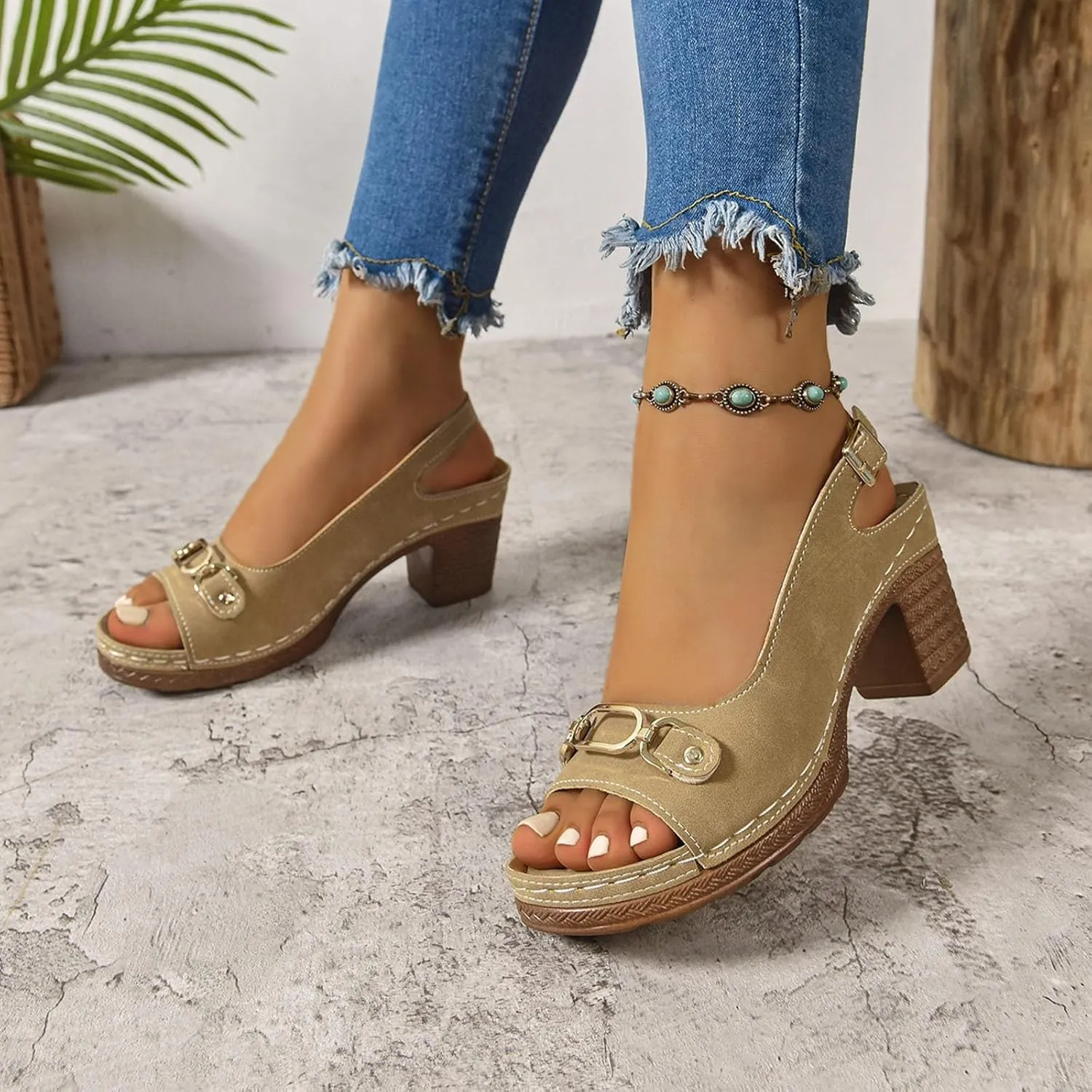 SuanlaTDS High Heels Summer Sandals for Women 2025, Women's Chunky Block Heel Peep Toe Ankle Strap Comfortable Platform Slingback Slip-on Elegant Dressy Heeled Sandal Pumps for Daily Wear