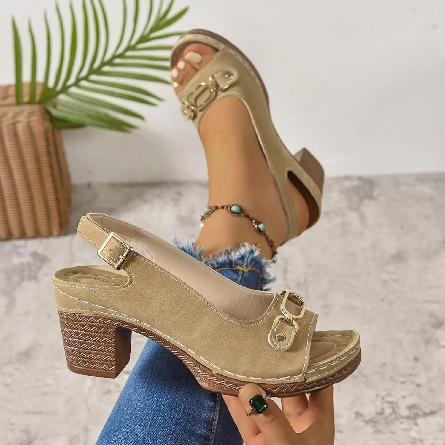 SuanlaTDS High Heels Summer Sandals for Women 2025, Women's Chunky Block Heel Peep Toe Ankle Strap Comfortable Platform Slingback Slip-on Elegant Dressy Heeled Sandal Pumps for Daily Wear
