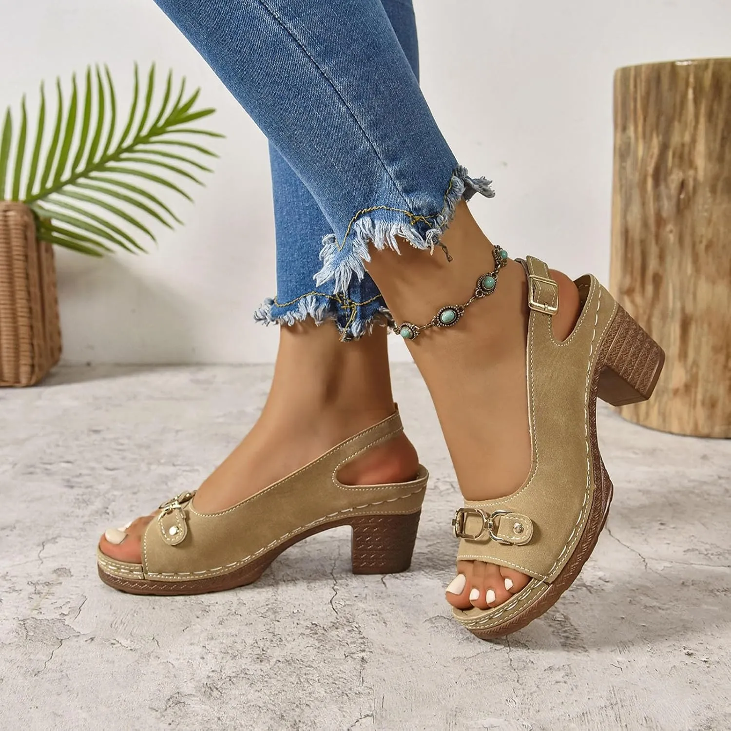 SuanlaTDS High Heels Summer Sandals for Women 2025, Women's Chunky Block Heel Peep Toe Ankle Strap Comfortable Platform Slingback Slip-on Elegant Dressy Heeled Sandal Pumps for Daily Wear
