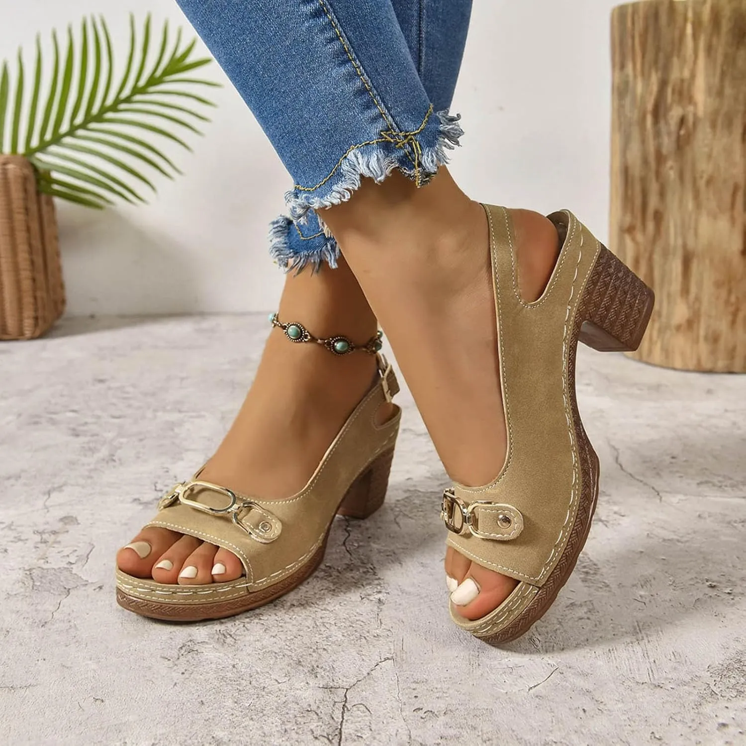 SuanlaTDS High Heels Summer Sandals for Women 2025, Women's Chunky Block Heel Peep Toe Ankle Strap Comfortable Platform Slingback Slip-on Elegant Dressy Heeled Sandal Pumps for Daily Wear