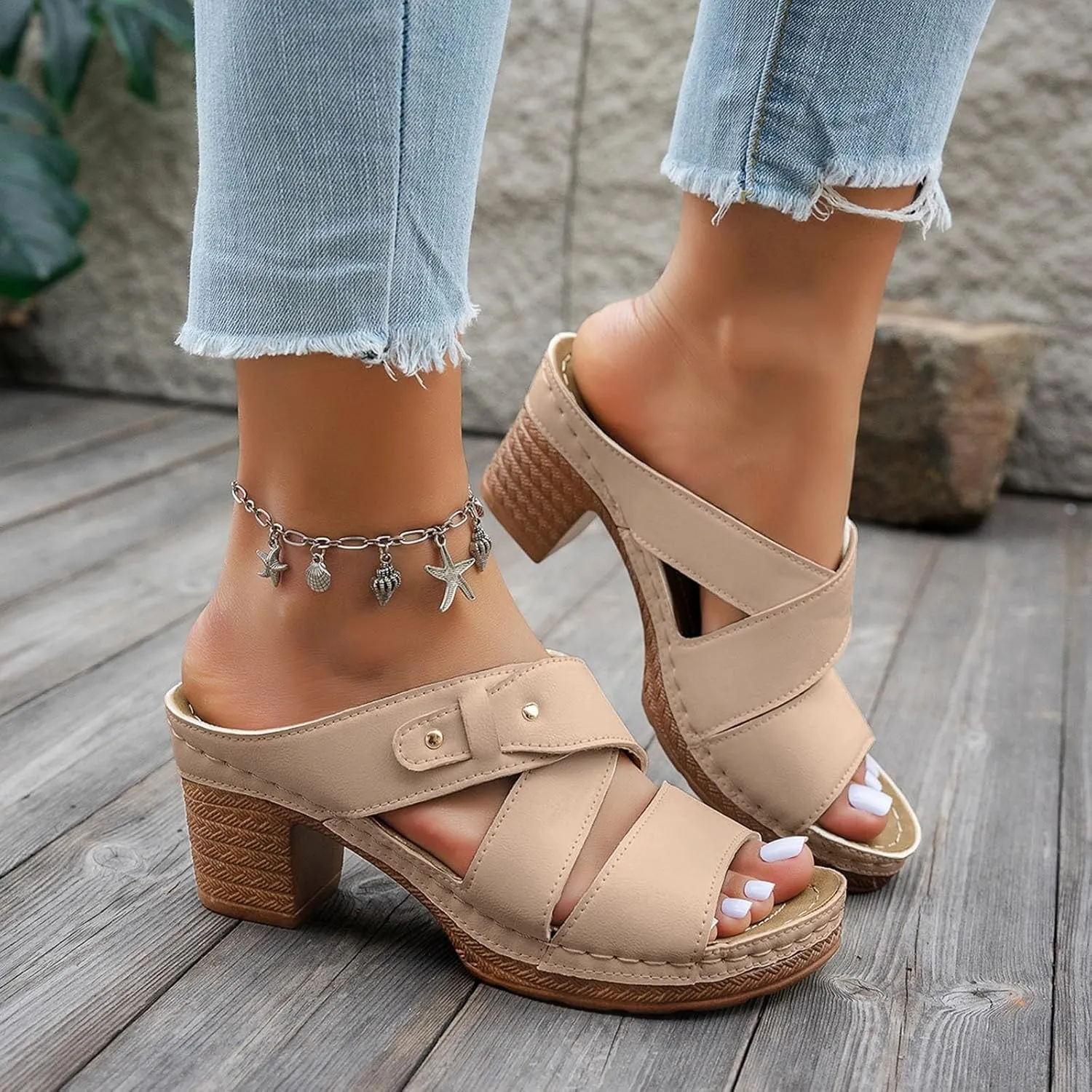 SuanlaTDS Women's Chunky Block Heels Sandals 2025 Dressy Crisscross Open Toe Arch Support High Heel Platform Summer Daily Wear Slip-on Slide Slippers Comfortable Elegant Heeled Slides Sandal Mules