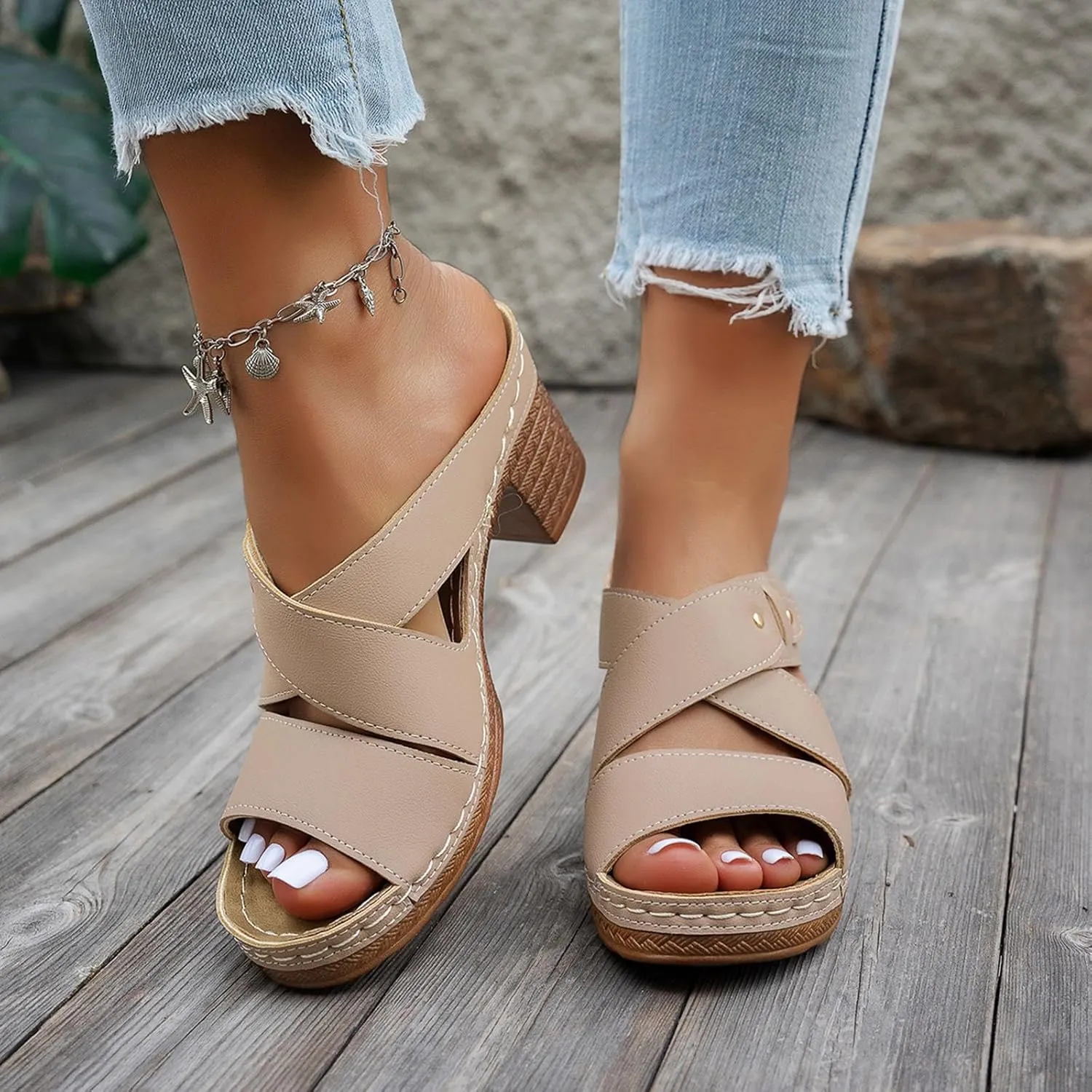 SuanlaTDS Women's Chunky Block Heels Sandals 2025 Dressy Crisscross Open Toe Arch Support High Heel Platform Summer Daily Wear Slip-on Slide Slippers Comfortable Elegant Heeled Slides Sandal Mules