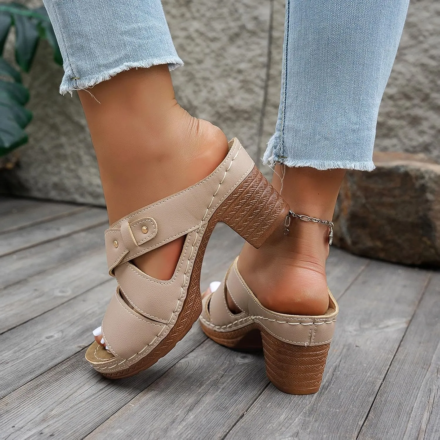 SuanlaTDS Women's Chunky Block Heels Sandals 2025 Dressy Crisscross Open Toe Arch Support High Heel Platform Summer Daily Wear Slip-on Slide Slippers Comfortable Elegant Heeled Slides Sandal Mules