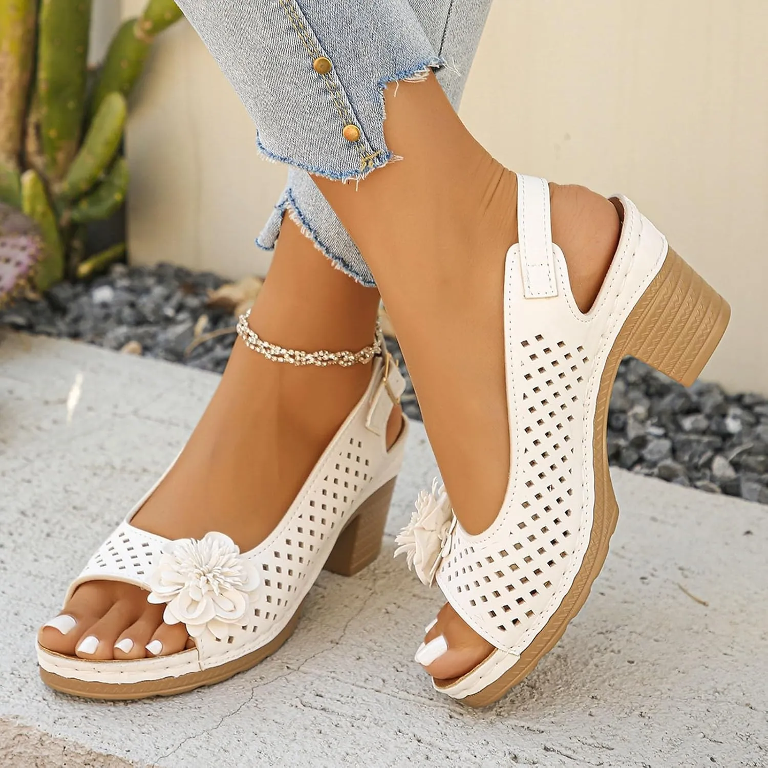 SuanlaTDS Women's Chunky Block Heels Sandals 2025 Dressy Hollow Out Open Toe Buckle Strap Slingback Slip-on Platform Summer Wedding Party Dress Comfortable Daily Wear Block Heeled Sandal