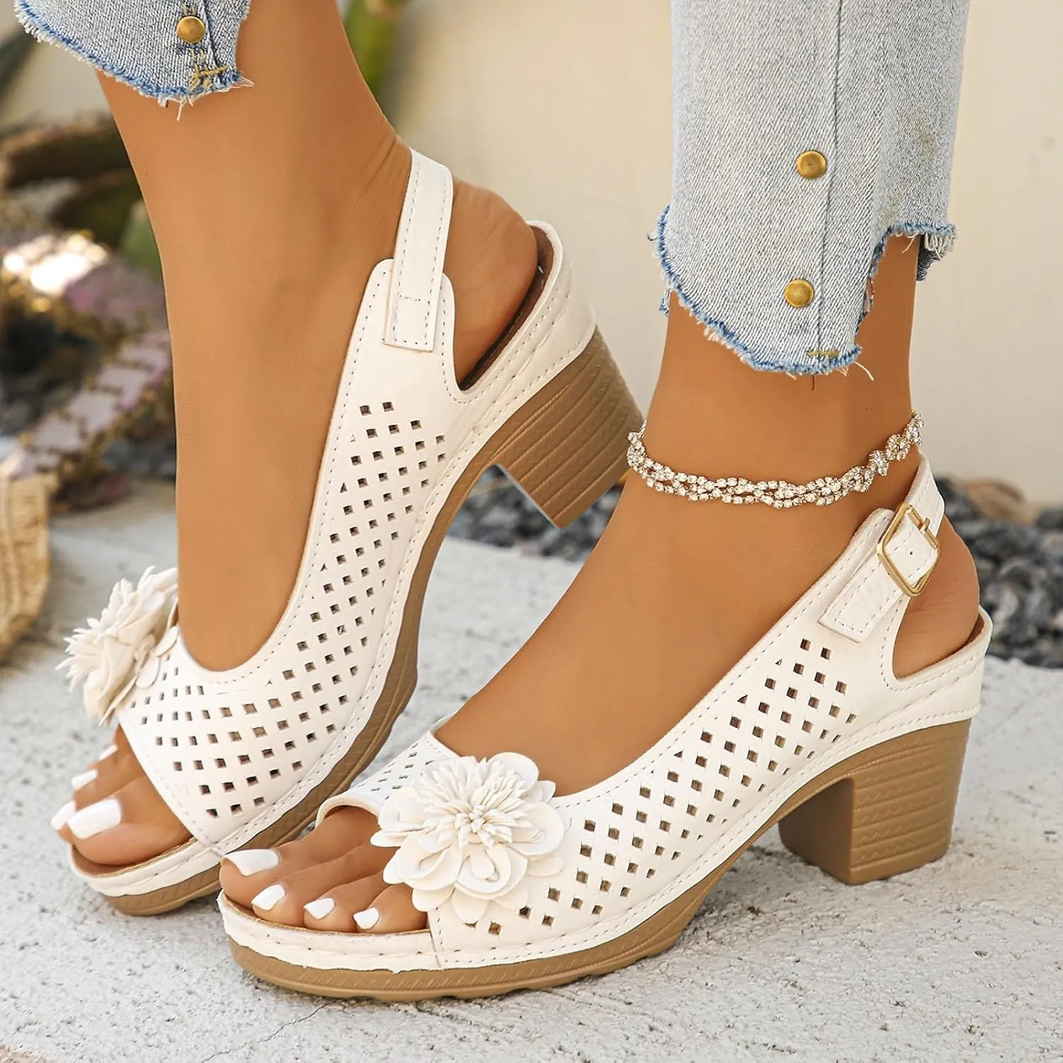 SuanlaTDS Women's Chunky Block Heels Sandals 2025 Dressy Hollow Out Open Toe Buckle Strap Slingback Slip-on Platform Summer Wedding Party Dress Comfortable Daily Wear Block Heeled Sandal