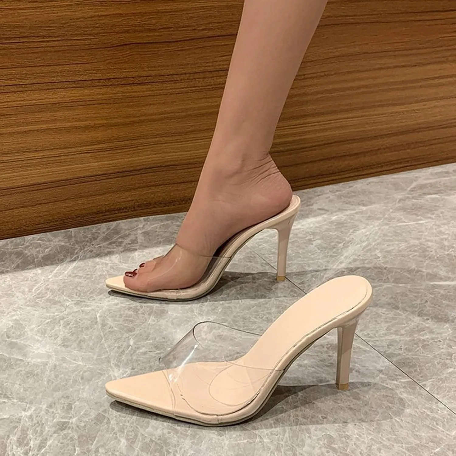 SuanlaTDS Womens Heeled Sandals Clear Pointed Toe High Stilettos Heel Backless Dress Slip-on Mules 2025 Dressy Summer Sexy Party Wedding Prom Dance Shoes Pumps Outdoor Stiletto Heels Sandal