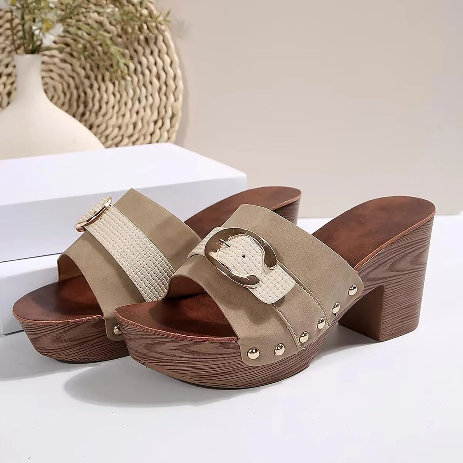 SuanlaTDS Womens Platform Heeled Sandals 2025 Dressy Chunky High Block Heels Open Toe Comfortable Slip-on Slide Slippers Mules Summer Heeled Slides Sandal Party Casual Beach Vacation Dress Shoes